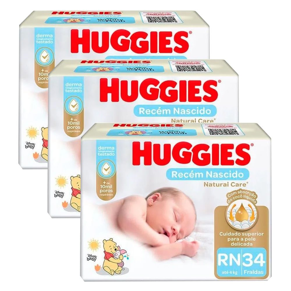 Kit 3 Fraldas Huggies Natural Care Rn Mega - 102 Tiras em Oferta na Shopee