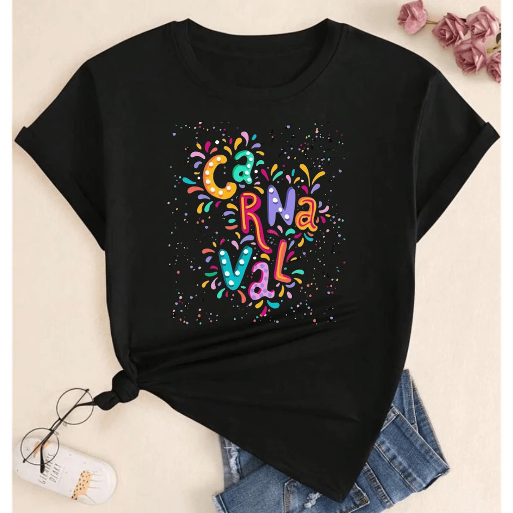 Camiseta Feminina Oversized Estampada Carnaval 100% Algodão Masculina Blusa T-shirt