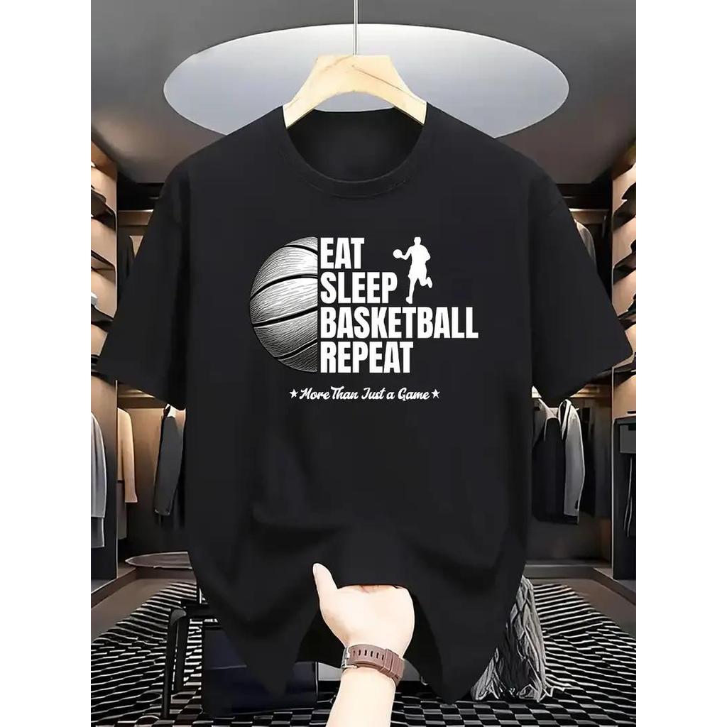 Camiseta Masculina Streetwear Algodão Penteado Infantil Adulto Plus Size Estampa Basquete Eat Sleep Repeat Bola