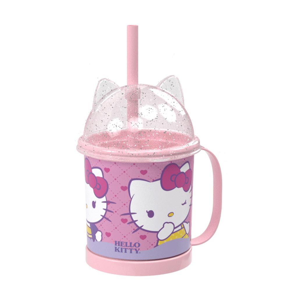 Caneca Hello Kitty Tampa Orelhinha Lúdica 3D Canudo Plasútil