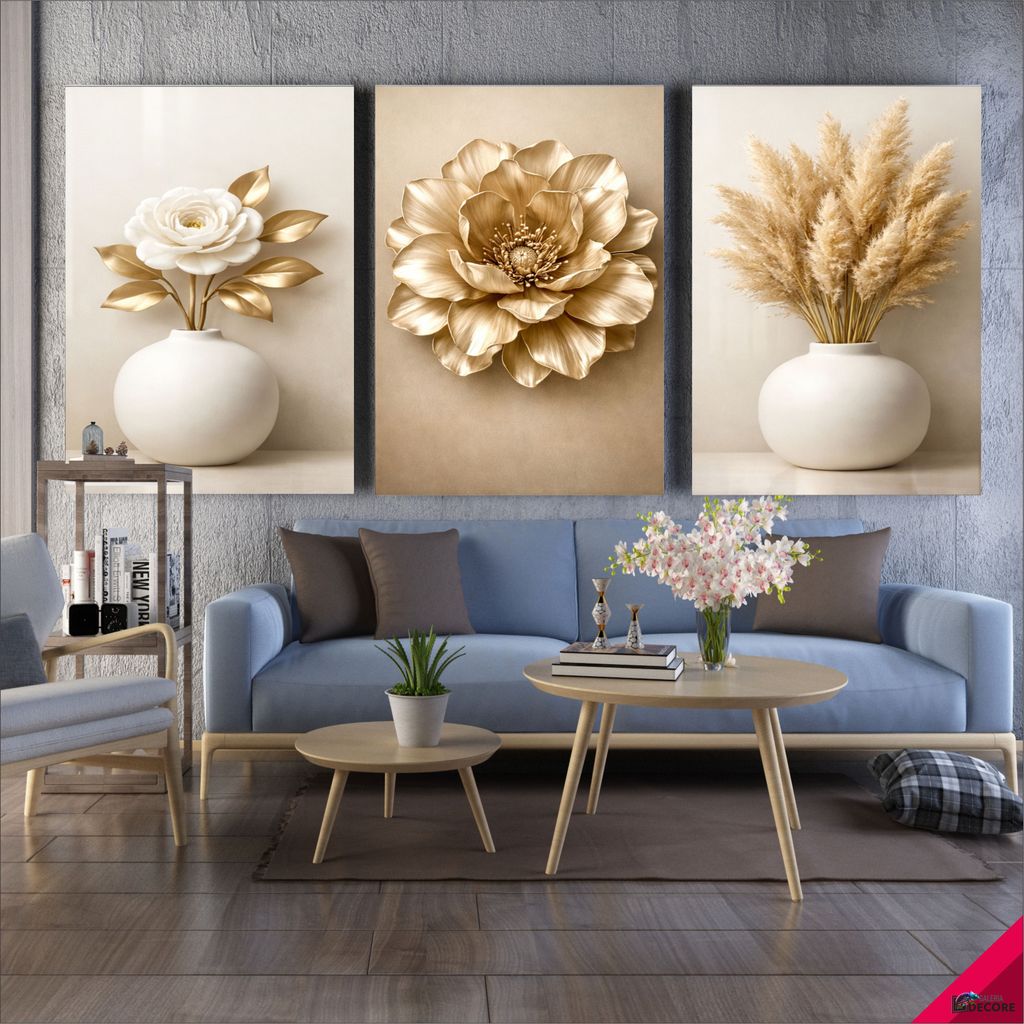 Quadro Decorativos Trio Moderno Exclusivo Flores Rosa Branco Dourado para Sala Hall