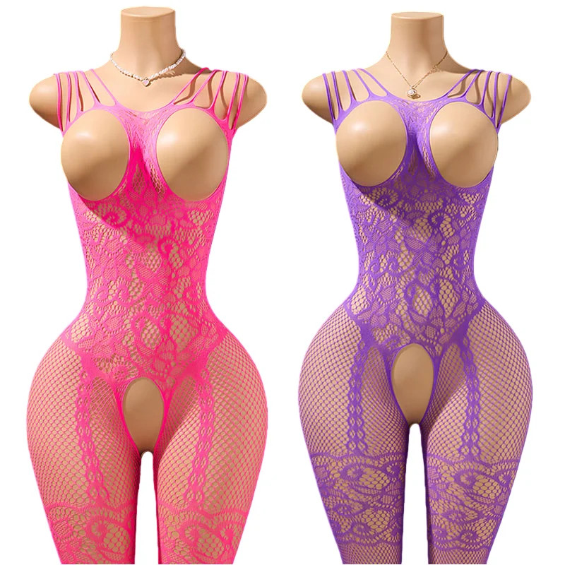 Sexo Negrito Terno Feminino Novo Roxo Crotchless Lingerie Erótica Sutiã Aberto Bodysuit Rave Trajes Sexy Fishnet Meias D