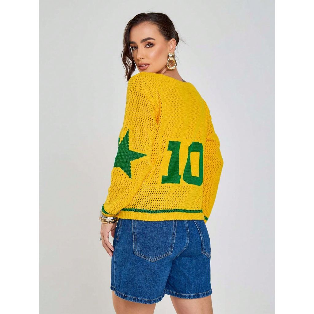 Blusa Torcedores Tricot Crochê Brasil Manga Longa Brazilcore Decote V Carnaval Seleção Fashion Esportiva Premium
