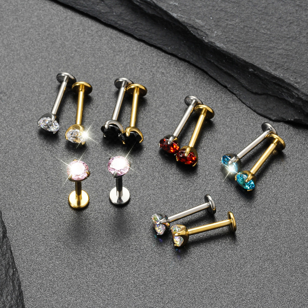Detalhes do Piercing Labret Orelha Helix Tragus Conch Nariz e Boca - Titânio Cravejado com Zircônia Colorida Redonda