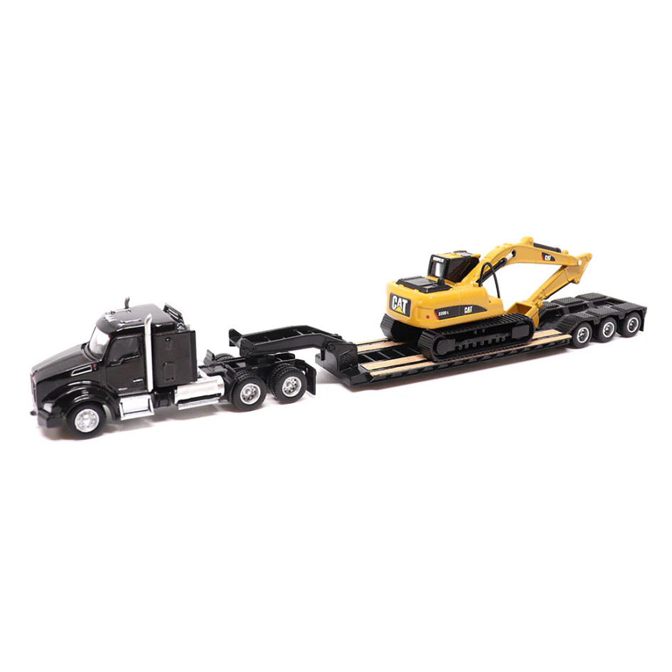Miniatura Trator Kenworth T880 SBFS 40" Sleeper Tandem com reboque Lowboy e Escavadeira hidráulica Caterpillar 320D L