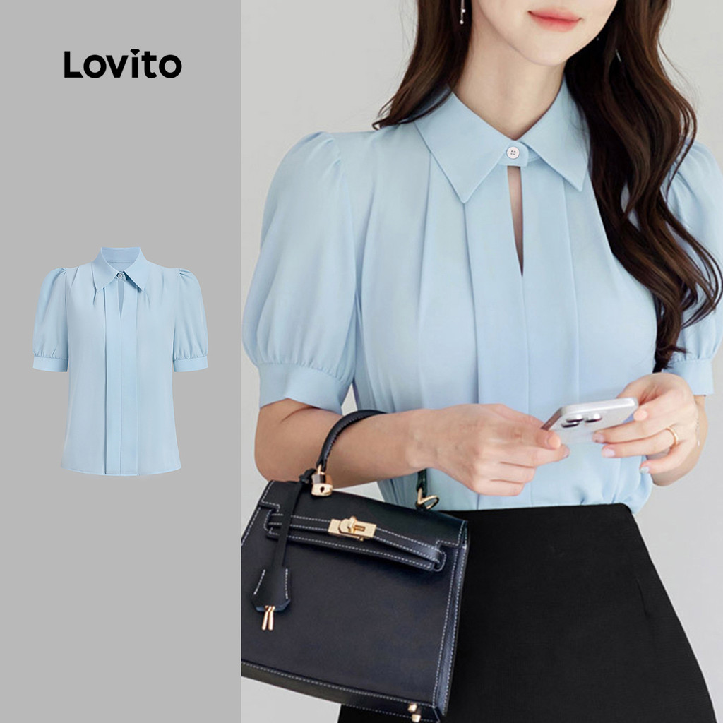 Lovito Blusa Elegante Lisa Com Botão Plissado Primavera/Verão Azul Para Mulheres L135A2D195 em Oferta na Shopee