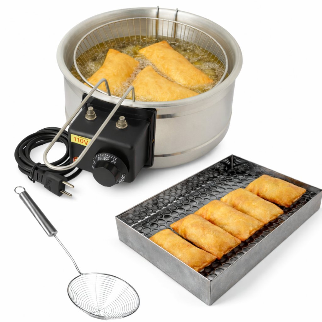 Fritadeira Elétrica Tacho de pastel 5 Litros com Escorredor Escumadeira Inox pastelaria batata frita