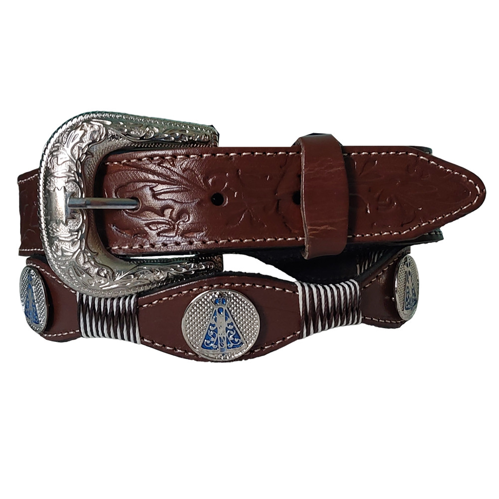 Cinto country couro legítimo 4 apliques Modelo Nossa Senhora