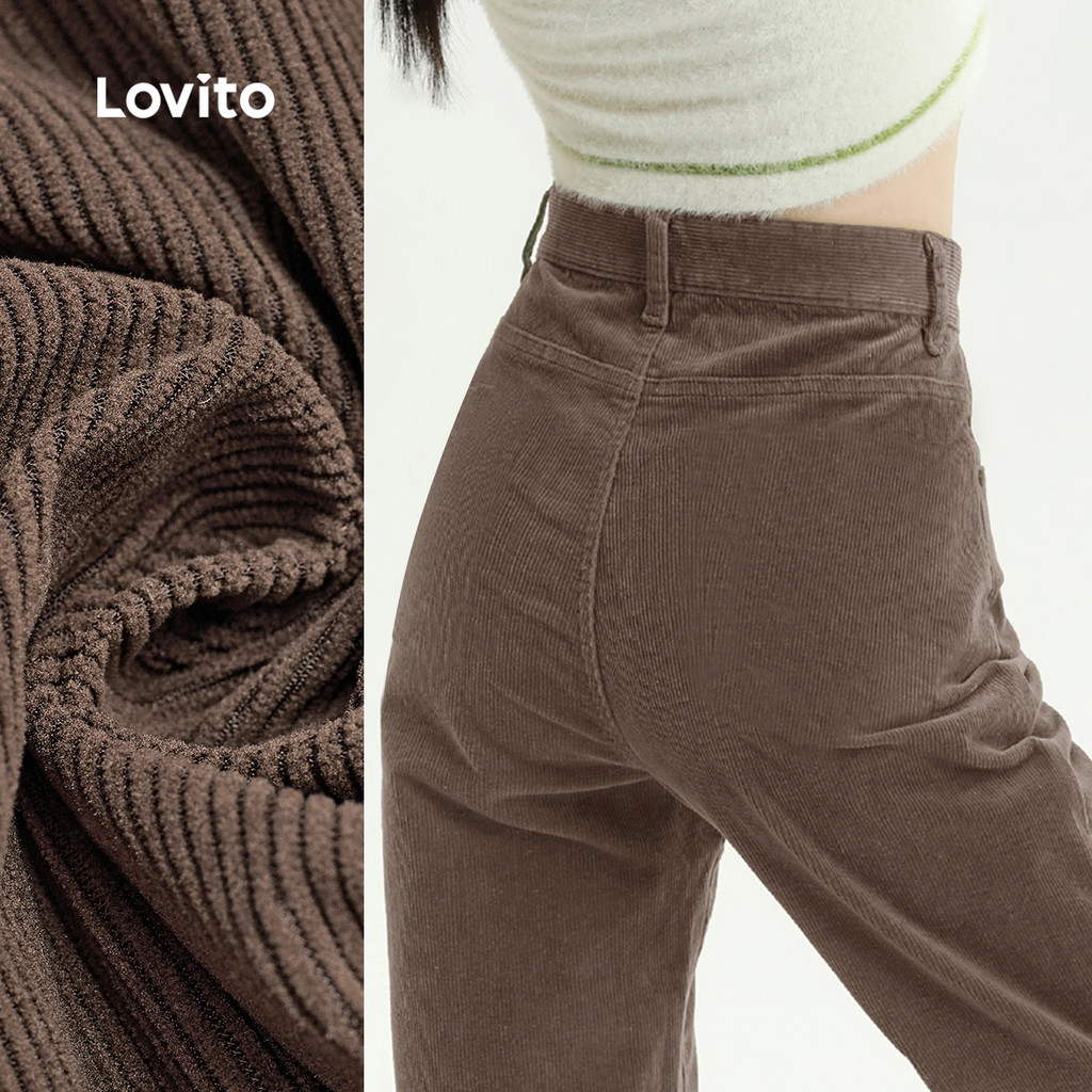 Lovito Calças Casuais com Botão Drapeadas Outono/inverno Calças Marrom para Mulheres L159AD111 em Oferta na Shopee