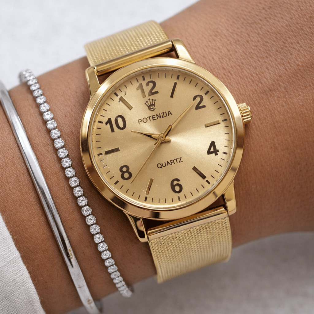 Relógio Social Potenzia Unissex Quartz Pulseira Mesh Aço Inox Dourado/Prata Mostrador Preto Azul Branco Vermelho Rosê