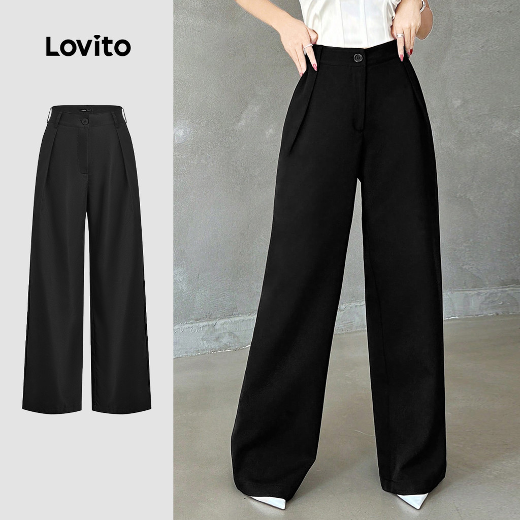 Lovito Calças Casuais de Pregas Primavera/verão Pretas para Mulheres L143ED214 em Oferta na Shopee