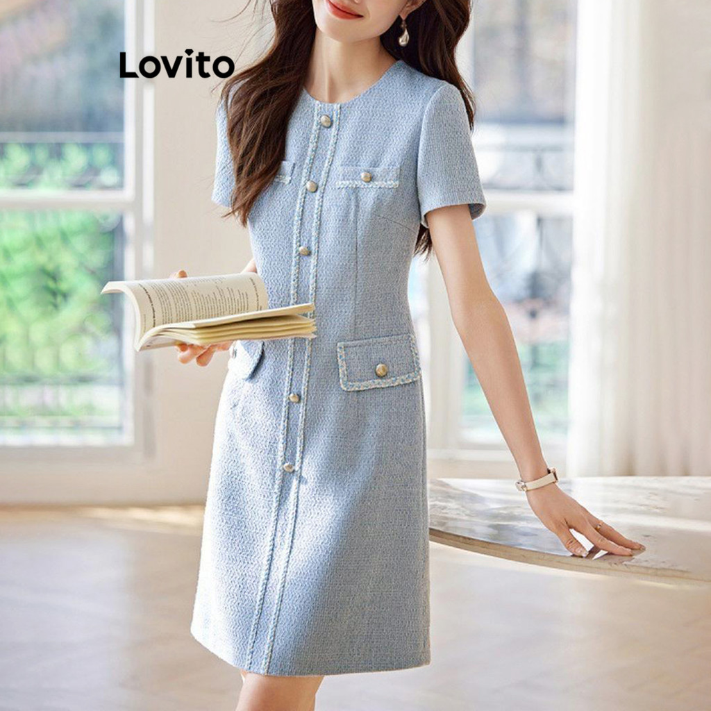 Lovito Vestido Elegante Com Bolso Falso E Botão Frontal Vestido De Verão/Primavera Para Mulheres LNE59301 em Oferta na Shopee