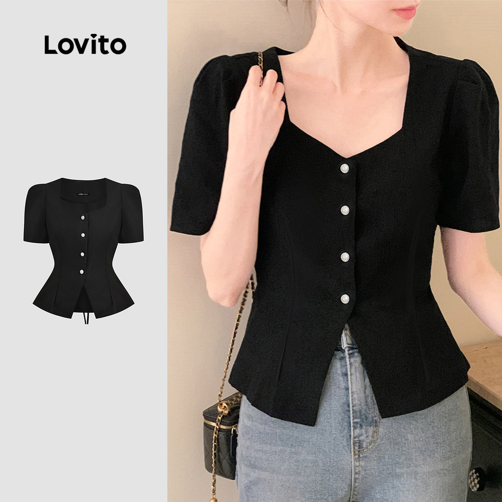 Lovito Blusa Casual Pérolas Primavera/Verão Blusa Preta Para Mulheres L135ED105