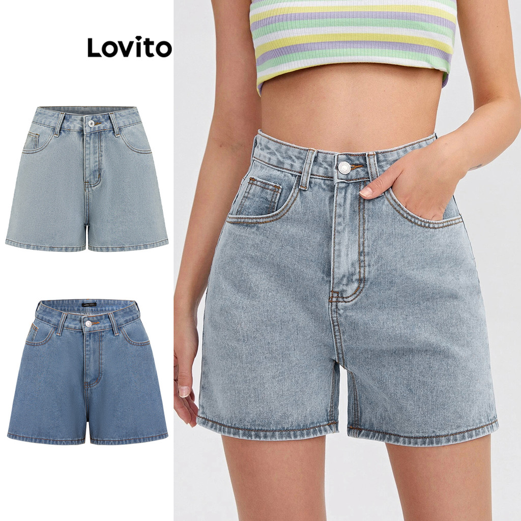 Lovito Shorts Jeans Casual Com Bolso Liso Para Mulheres L79ad101 (multicolorido) em Oferta na Shopee