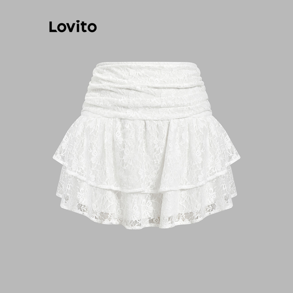 Lovito Saias Fofas Saia Drapeada Com Babados Lisos Para Mulheres L101AD029 em Oferta na Shopee