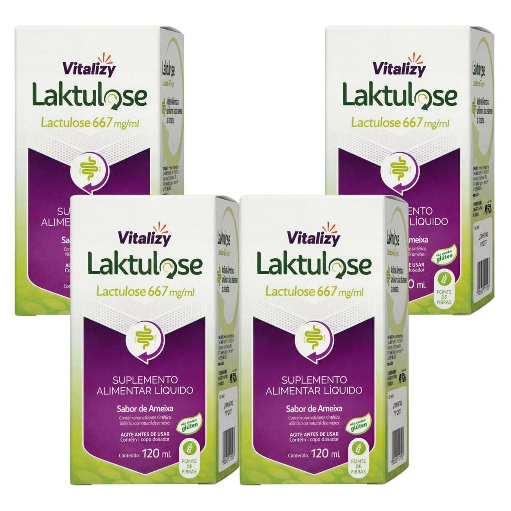 KIT Lactulose 4 Caixas de 120ml cada Vitalizy 667mg/ml  Ameixa Regulador Intestinal Sem Glúten Fonte De Fibras Natural