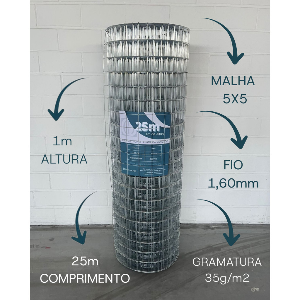 Tela Soldada Malha 5x5cm Fio 1,60mm - 25mx1m Casa Daufen em Oferta na Shopee