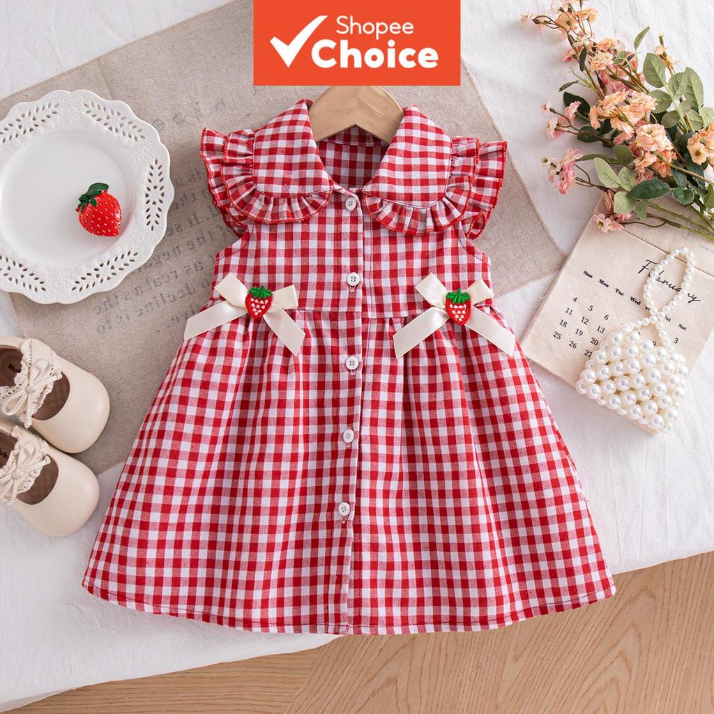 Vestido de verão para bebê menina, fantasia de morango, algodão fofo, xadrez, roupa de bebê. em Oferta na Shopee