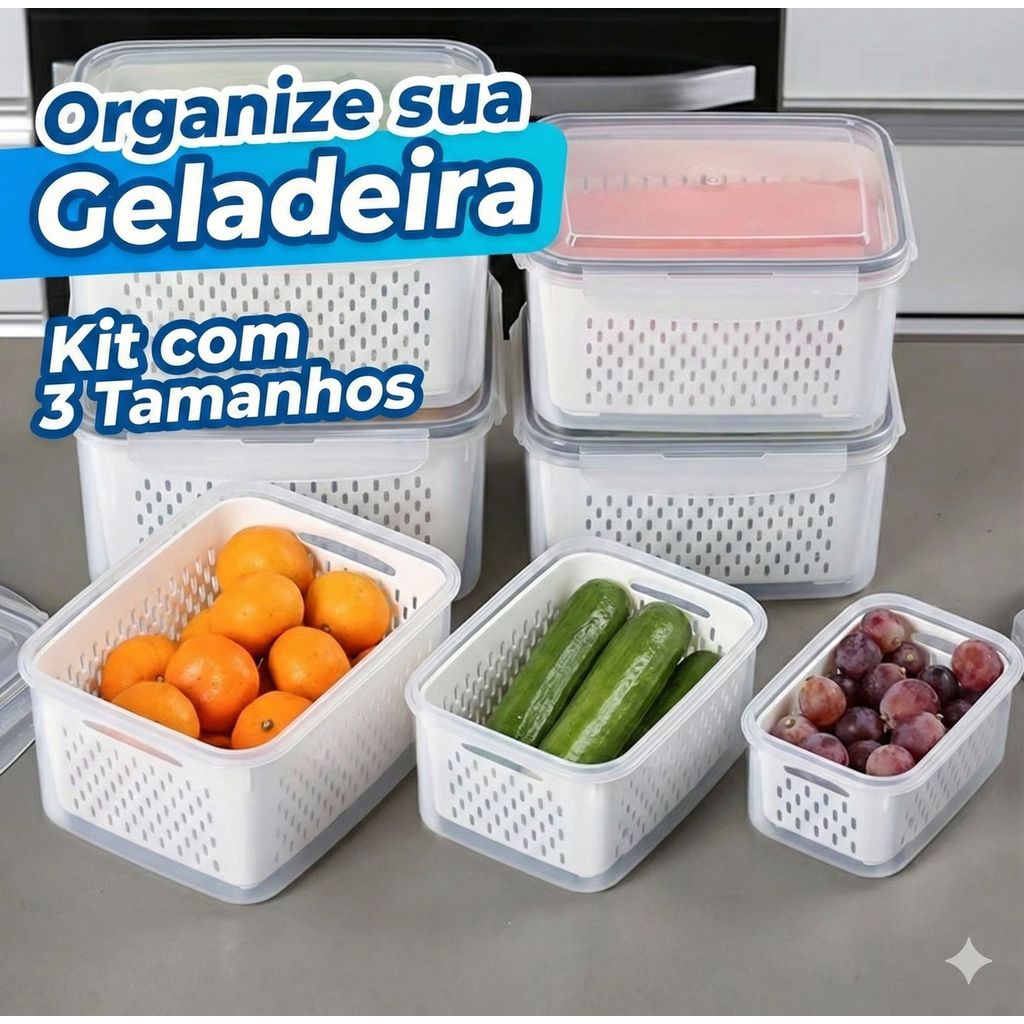 Kit Pote Hermético Organizador De Geladeira Com Cesto Escorredor Para Frutas E Legumes Acrílico