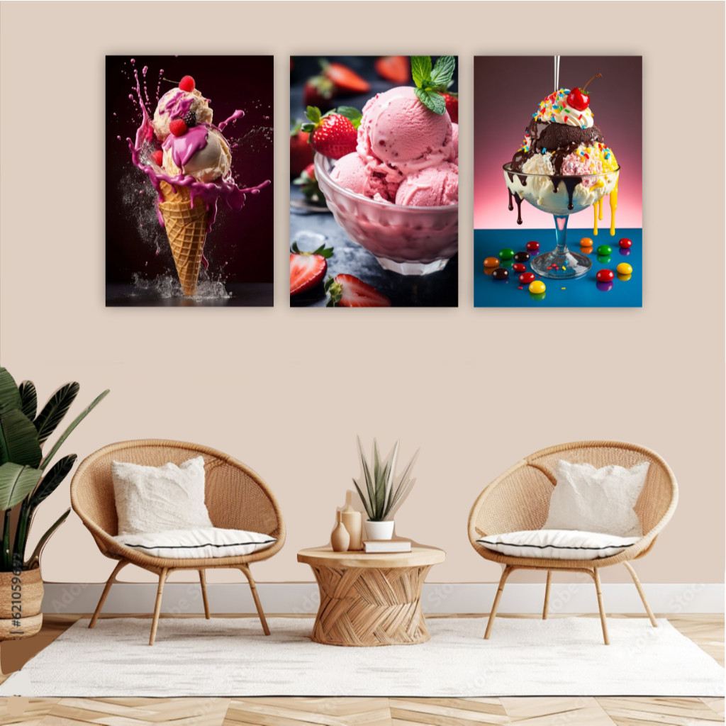 Quadro decorativo 3 peças sorveteria sorvete doce sobremesa lanchonete