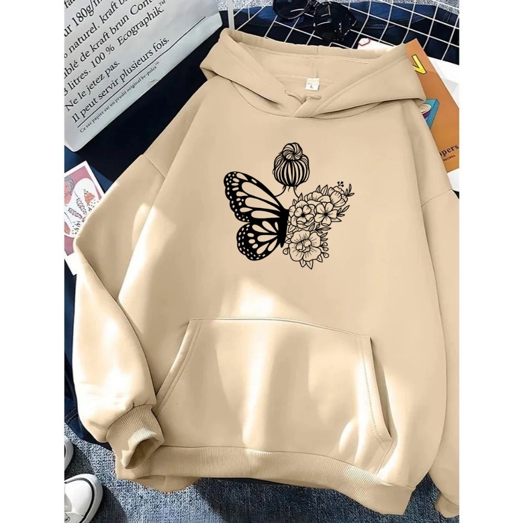 Moletom Estilo Canguru Feminino Estampado Butterfly Borboleta Flores 100% Algodão Com Bolsos e Capuz