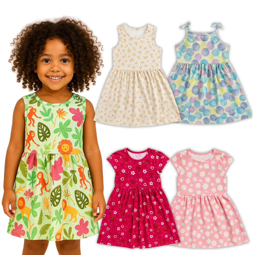 Kit 3 Peças Vestidos Estampados Feminino Menina Infantil Juvenil Roupa Estação Verão Primavera