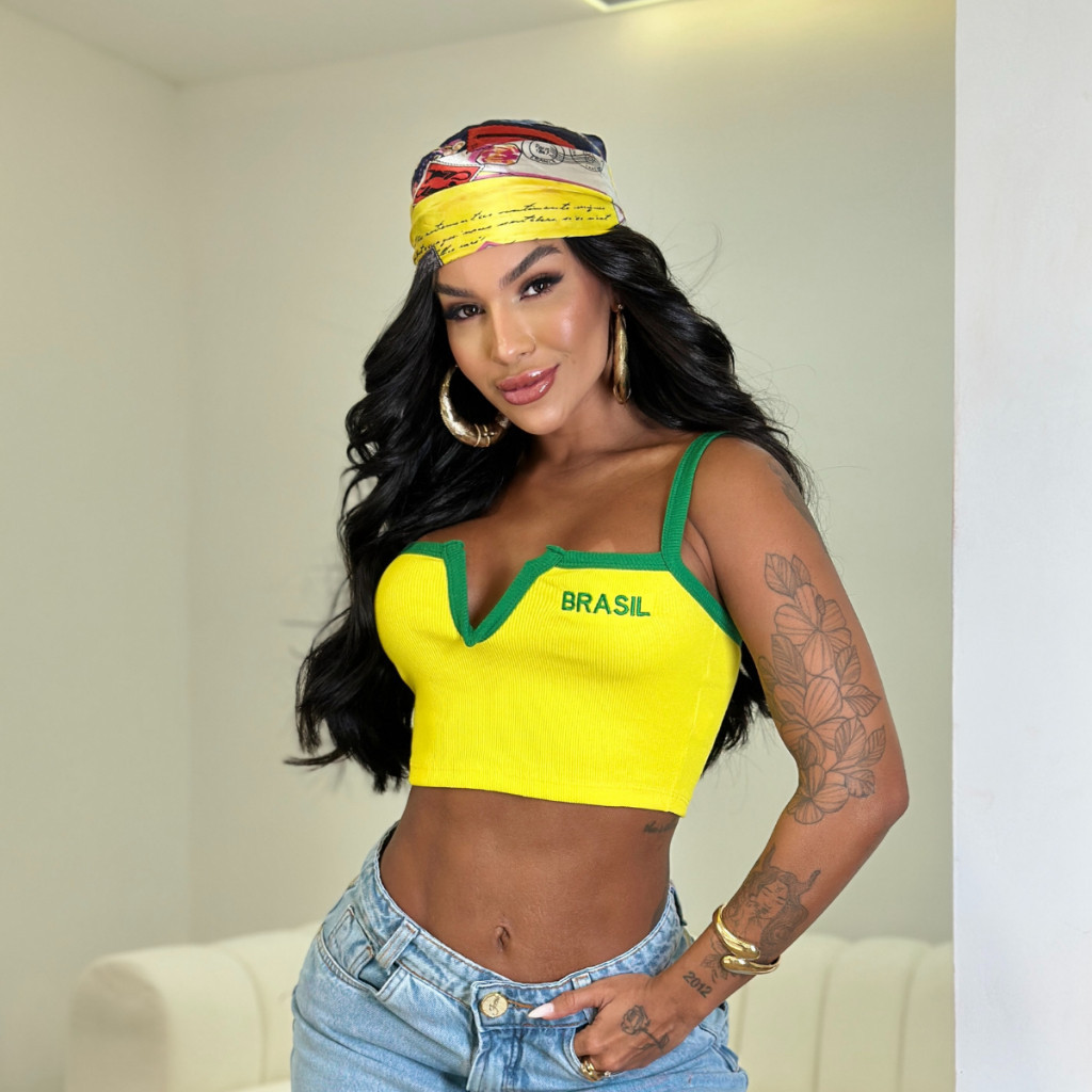 Cropped top Brasil Feminina em Ribana com Bandeira Bordado Seleção Brasileira