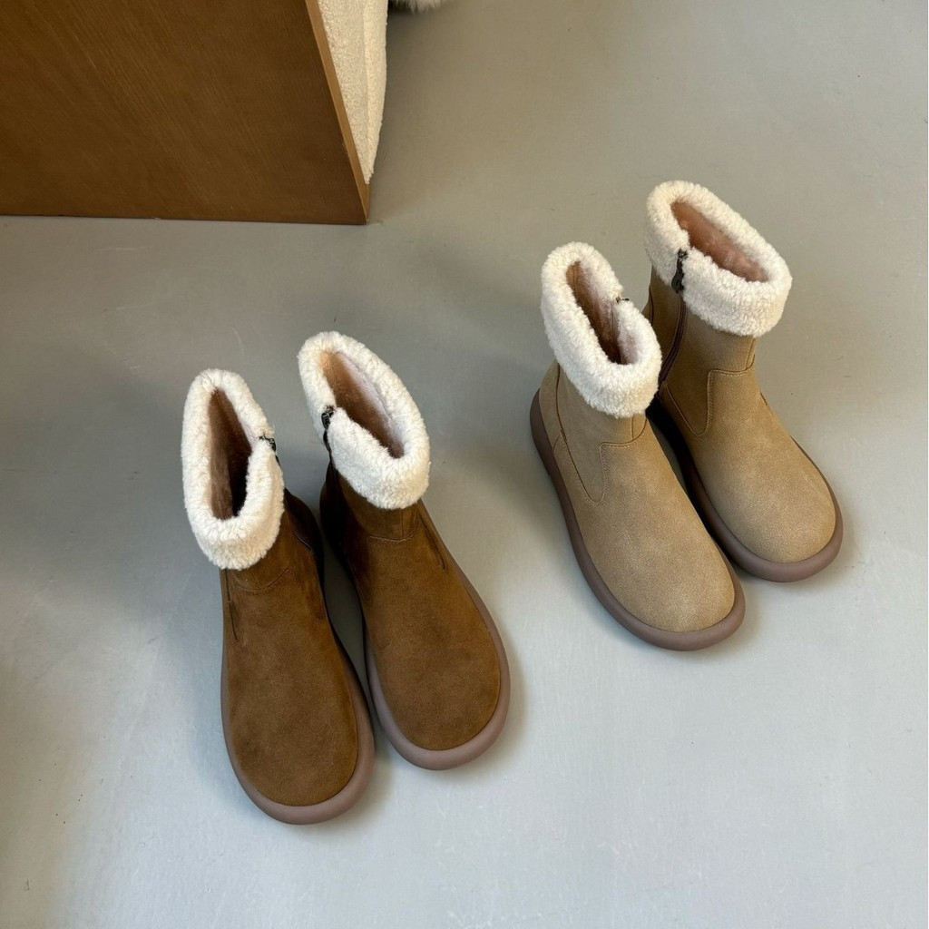 Botas de Inverno Femininas 2024, Estilo Retro, Forradas com Algodão Peludo, Botas de Cano Curto em Couro Legítimo
