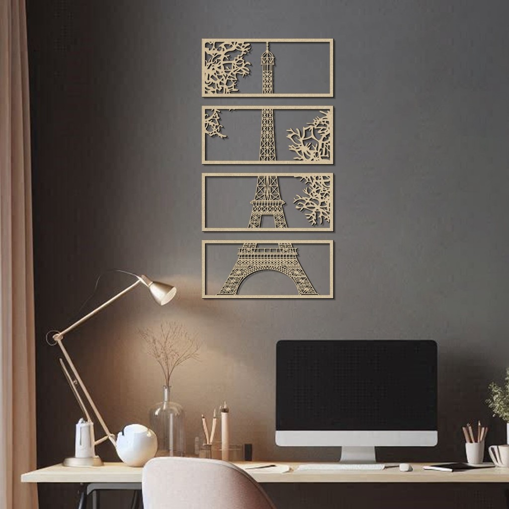 Conjunto 4 Quadro Decorativo Vazado Torre Eiffel Paris Escultura de Parede MDF
