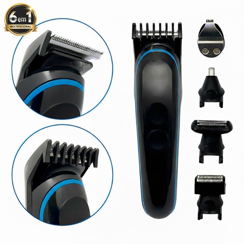 Barbeador Elétrico 6 em 1 Aparador Cabelo Barba Nariz Sem Fio Recarregável