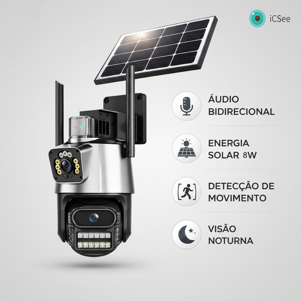Câmera 4G Solar WiFi Segurança Externa com Sirene Alarme 24h Monitoramento