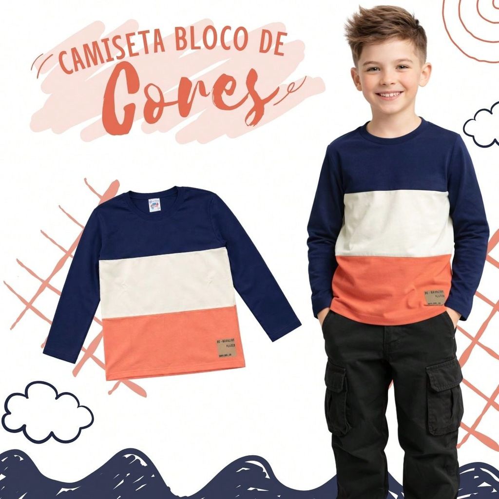 Camiseta Infantil Masculina Bloco de Cores, Manga Longa, 100% Algodão Premium em Oferta na Shopee