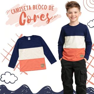 Camiseta Infantil Masculina Bloco de Cores, Manga Longa, 100% Algodão Premium em Oferta na Shopee
