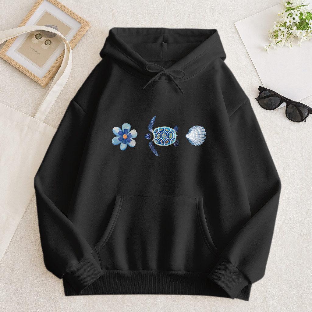 Moletom Canguru Arte Oceânica Com Tartaruga Azul E Concha Estampa Marinha Flanelado Flower