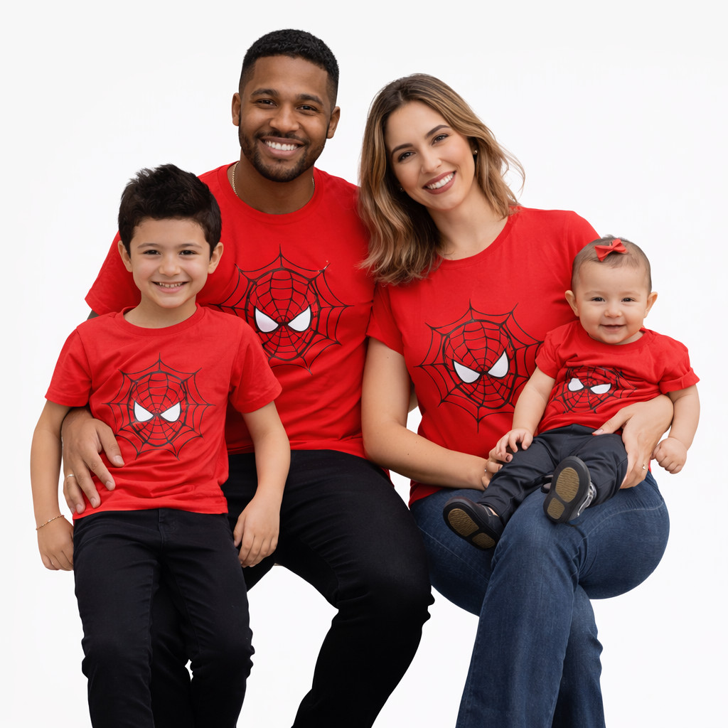Camiseta Conjunto Casal Feminina ou Masculino Personalizado Adulto ou Infantil Homem Aranha.