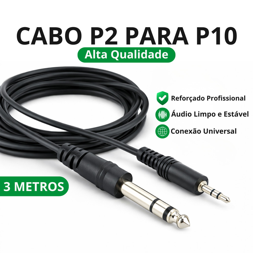 Cabo P2 para P10 Áudio Profissional 3.5mm para 6.35mm Som Limpo Caixa Amplificador Mixer  Resistente