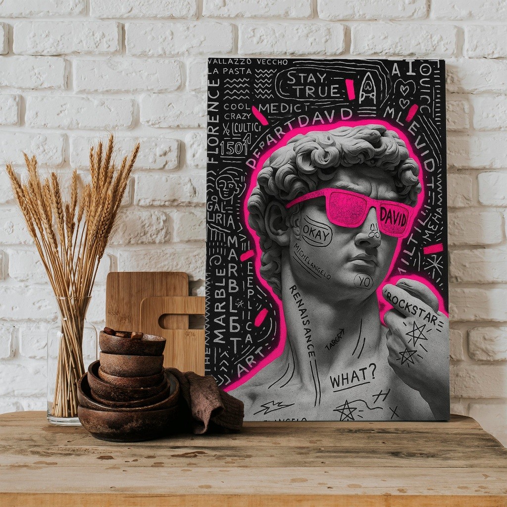 Quadro decorativo davi michelangelo estatua colorida frases decoração sala quarto escritorio grunge