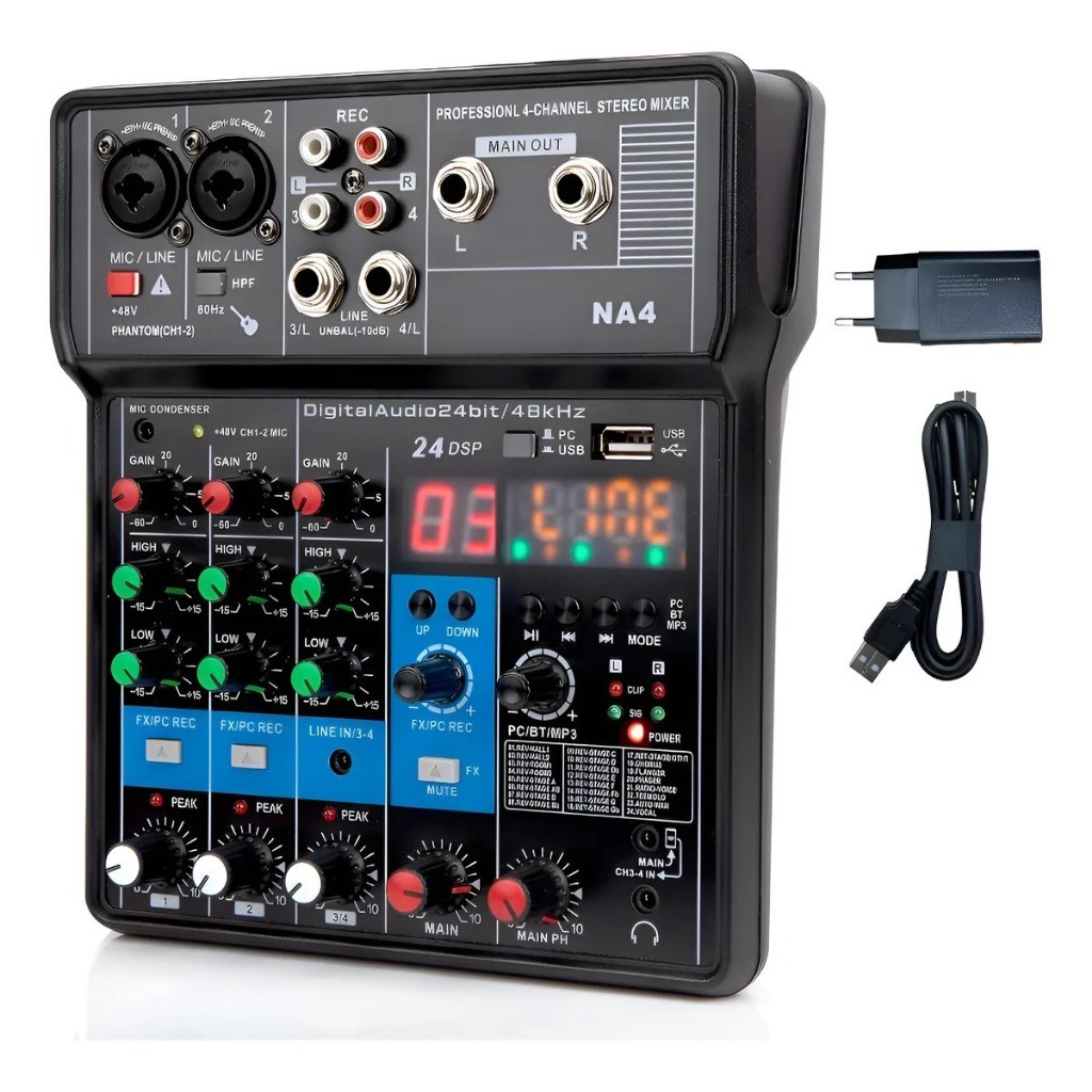 TEYUN 4 Canais Mesa De Som NA4 Console De Mixagem Profissional 24DSP Bluetooth Entrada USB/PC Para Karaokê Bivolt em Oferta na Shopee