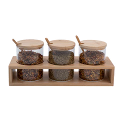 Kit 3 potes de vidro 300ml com tampa, colher e suporte de bambu - Oikos