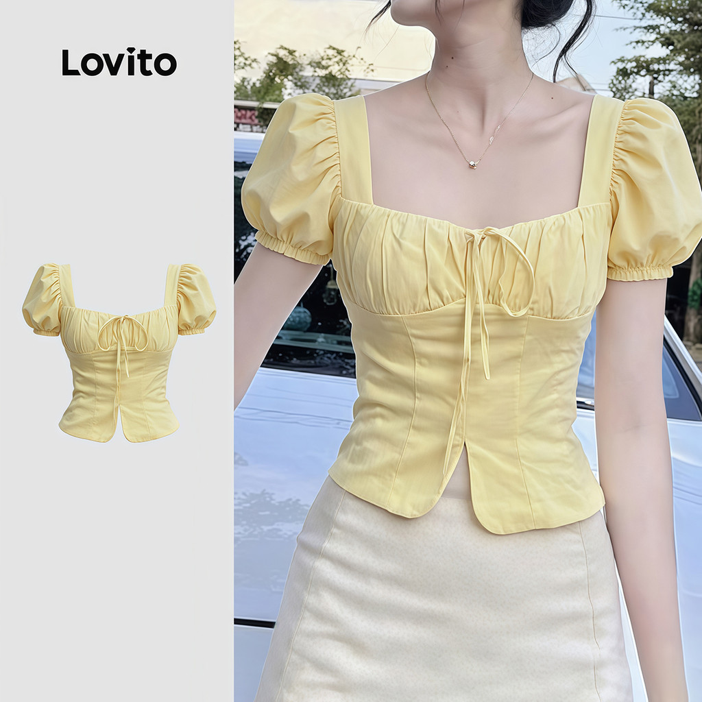 (Casual) Lovito Blusa Estrutura Linha Amarrar Pregas Primavera/verão Blusa Amarela para Mulheres Bordado LK4ED1330