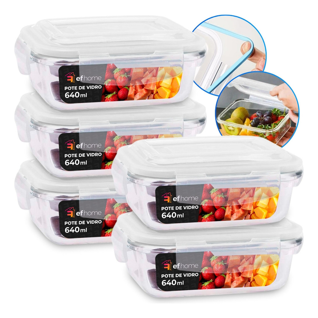 Conjunto 5 Potes Vidro Hermético Marmita Mantimentos 640ml Azul