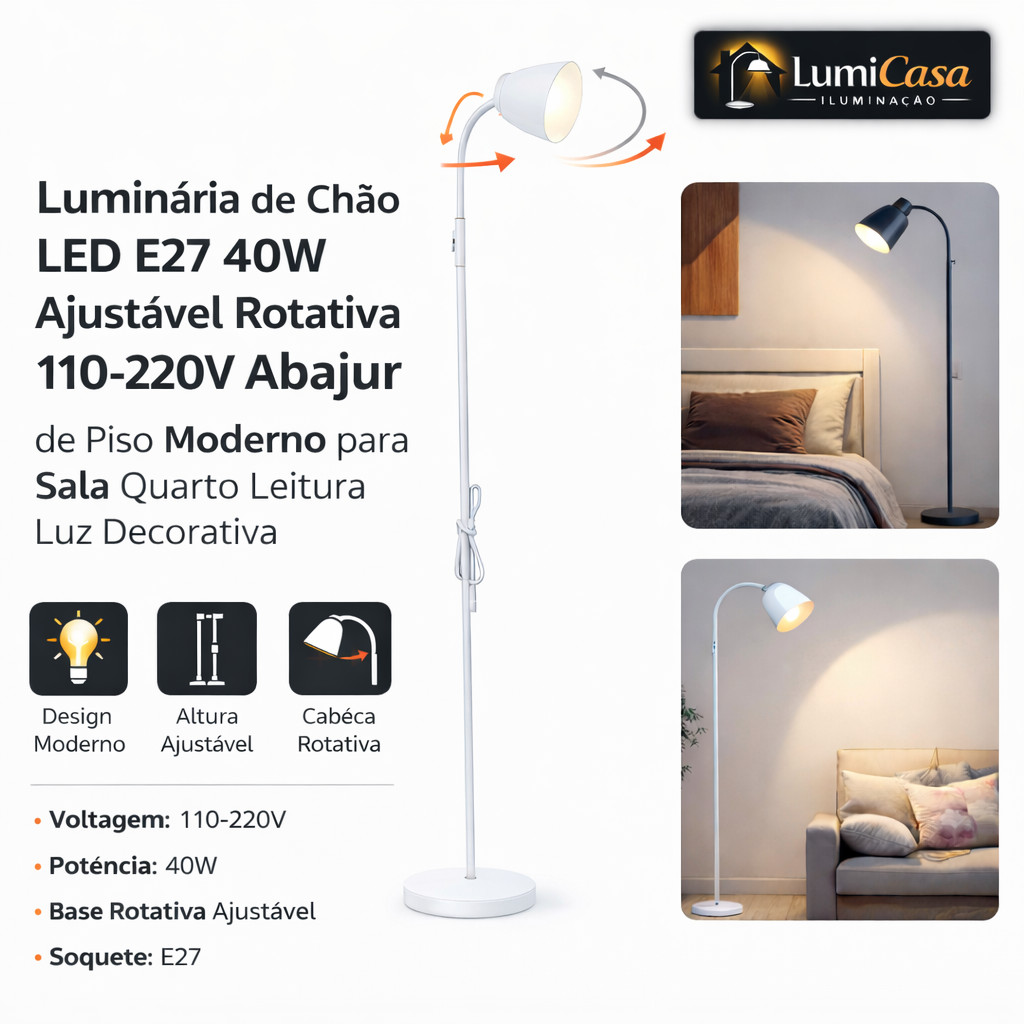 Luminária de Chão LED E27 40W Ajustável Rotativa 110-220V Abajur de Piso Moderno para Sala Quarto Leitura Luz Decorativa
