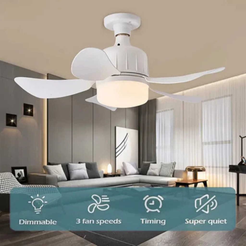Mini Ventilador de Teto LED 3 Cores Bulbo 80w Controle Bivolt 5 Pás Branco Iluminação Moderna