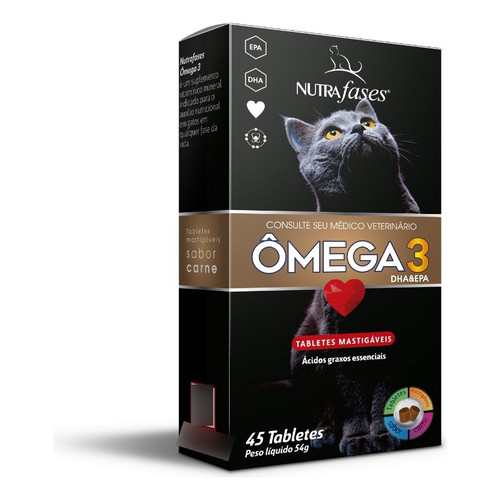 Nutrafases Omega 3 Gatos 45 Tabletes Mastigáveis Pelos Imunidade Foco Visão Coração Suplemento Felino Saudável