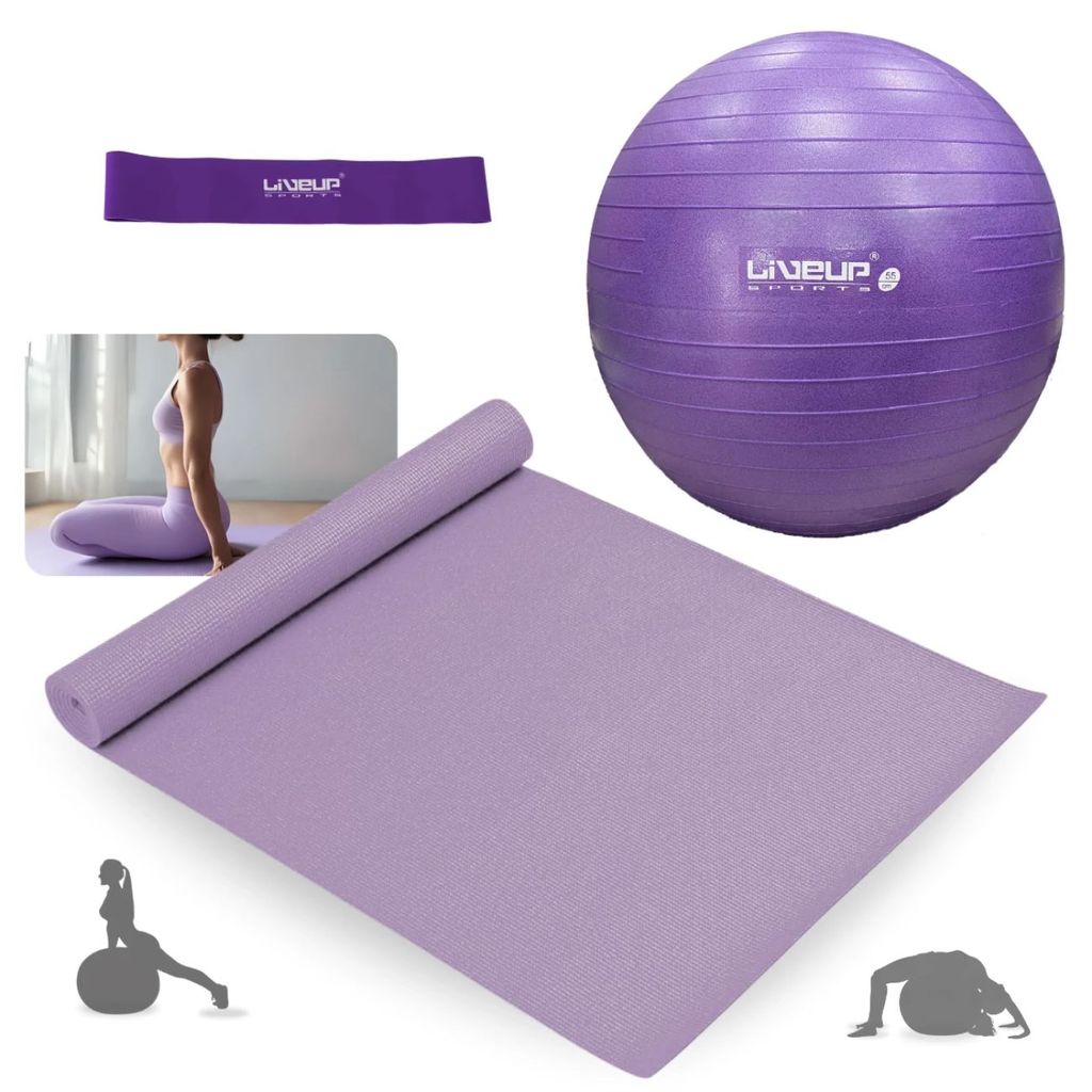 Kit Pilates Bola Suíça Roxa 55cm Anti Estouro com Inflador + Colchonete 1,73m + Mini Band Super Forte