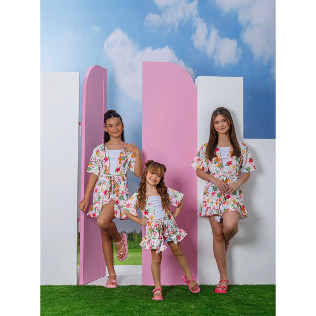 Conjunto verão infantil kimono + short e blusa estampado tropical menina tamanho 6 (confecção grande