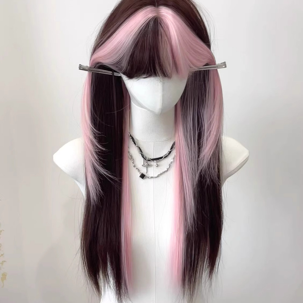 Peruca feminina Qi franja rosa destaque marrom diário cos doce legal longo cabelo reto lolita completo Natural arnês com