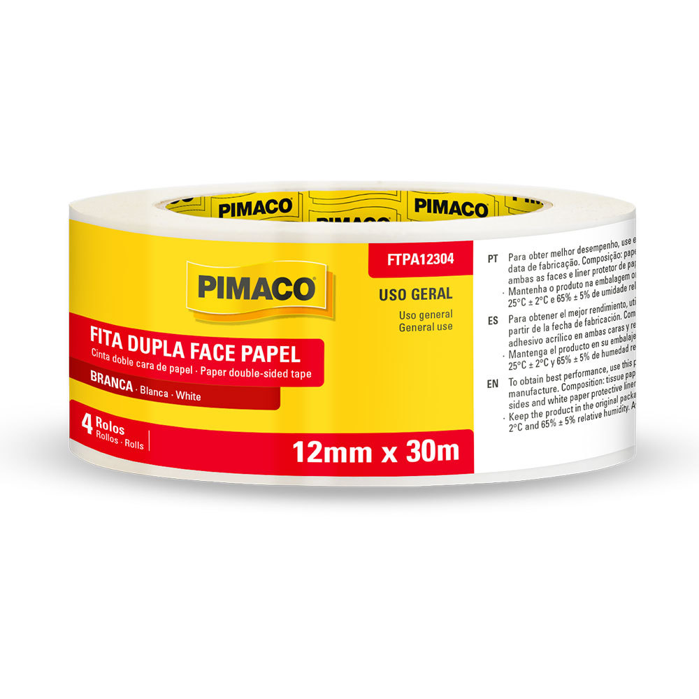 Fita dupla face papel 12mmX30m com 4 rolos Pimaco