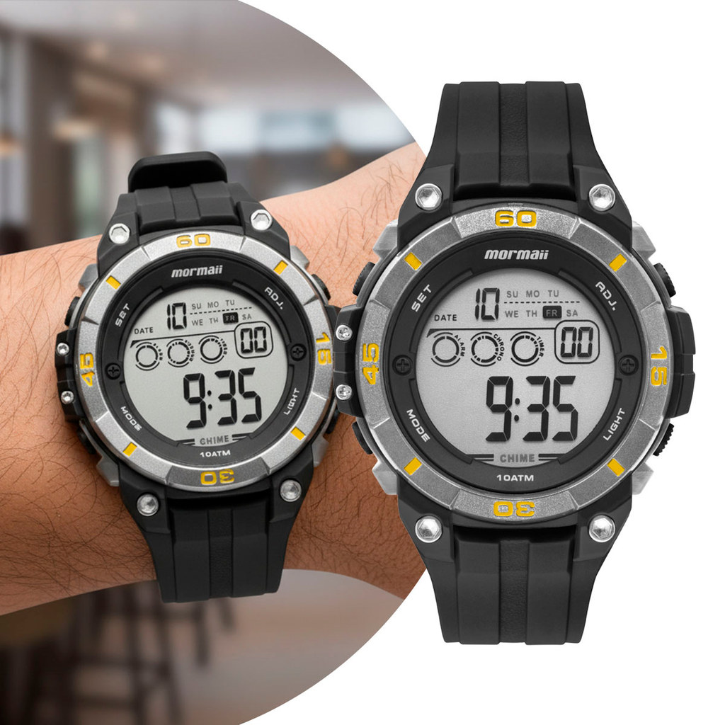 Relógio Masculino Digital de Pulso Preto e Amarelo com Pulseira de Silicone à Prova D Água Casual e Esportivo Mormaii