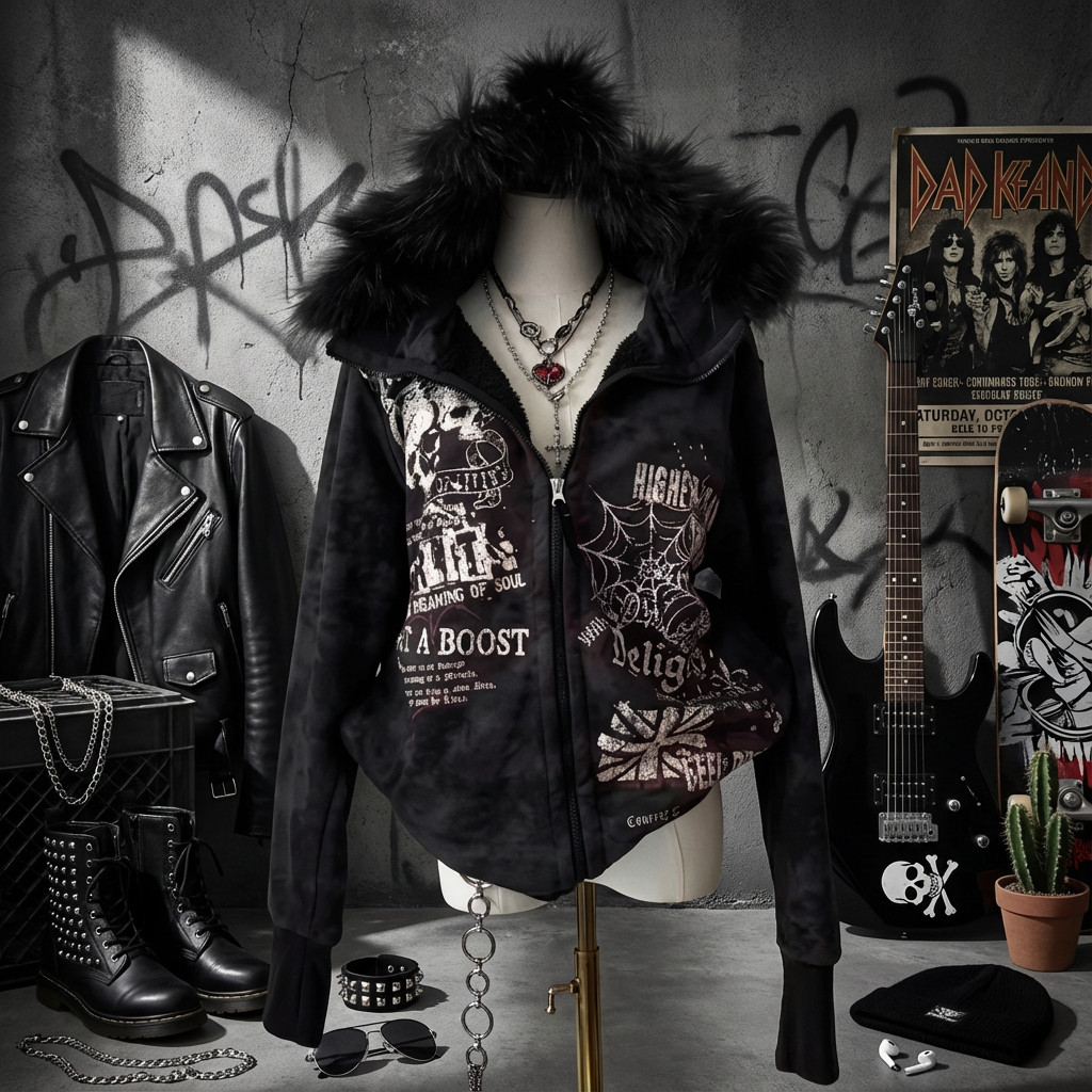 Harajuku Hip Hop Rock Street Preto Gola Peluda Zíper Moletom Com Capuz Crânio Carta Tie Dye Impresso Moda Casual